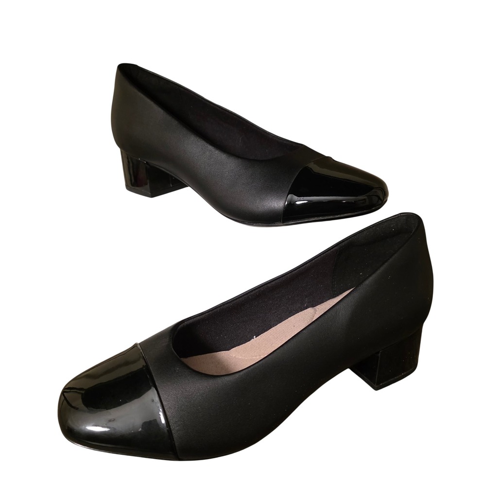 Clarks Collection Black Cap Toe Block Heel Pumps 261364005050 Womens 7.5W